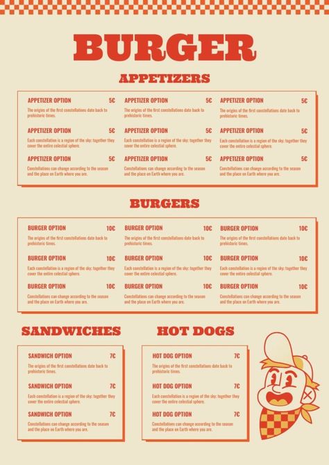 Retro Hand-drawn American Burger & Hot Dog Menu Burger Menu Design Layout, Retro Burger Shop, American Diner Menu, Burger Menu Design, Retro Burger, Burger Hot Dog, Pops Diner, Bakery Branding Design, Menu Design Layout