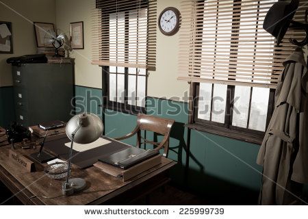 1950s style office with director's desk, vintage phone, file cabinet and other retro items, urban panorama outside. 50s Office, Amazon Job, Chinese Office, Cosmic Cowboy, Home Recording Studio Setup, Office Blinds, Desk Vintage, Detective Game, Old Office