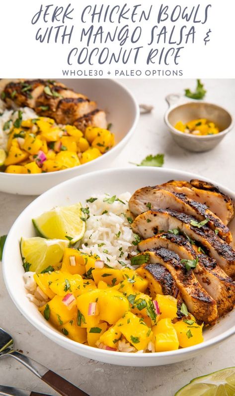 Grilled Healthy Recipes, Jerk Chicken Coconut Rice, Jerk Mango Chicken, Mango Jerk Chicken, Jerk Chicken With Mango Salsa, 30 Min Dinner Recipes Healthy, Mango Chicken Rice Bowl, Paleo Spring Recipes, Cold Chicken Bowls