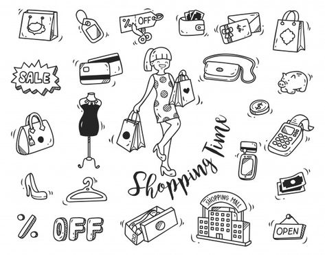 Fashion Doodle Art, Shopping Bag Doodle, Shopping Doodles, Shopping Doodle, Shopping Drawing, Accessories Sketches, Fashion Doodles, Time Doodle, Doodle Fashion