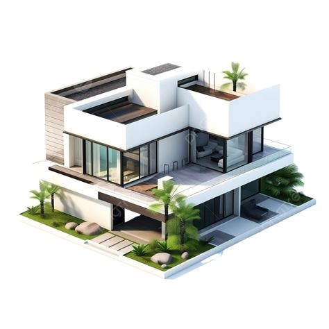 Isometric House Design, Architectural House Plans 3d, Modern Architecture House Drawing, House Model Architecture, 3d Isometric Building, Exterior Plants, Miniature Modern House Model, Isometric House, House Design 3d