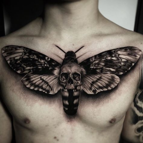 Owl Tattoo Realism, Andy Tattoo, Moth Tattoos, Moth Tattoo Design, Realism Tattoos, Male Chest, Tattoo Magazine, Chest Piece Tattoos, Moth Tattoo