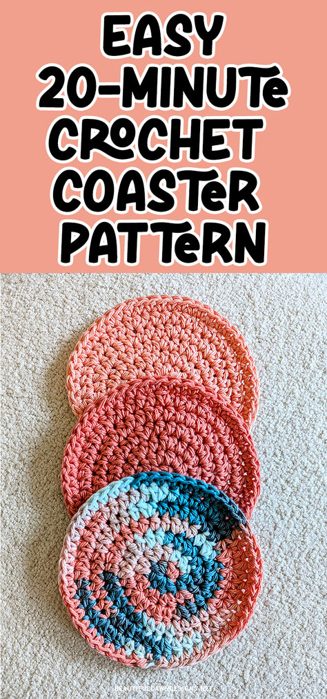 If you’re in the mood to crochet and want to make something super quick, you’ll love this easy crochet coaster pattern. You can make one of these coasters in just 20 minutes! These coasters make a great last-minute gift. Pair them with a mug, and you’ve got an amazing and thoughtful gift for friends and family. Free Crochet Animal Coaster Patterns, Circle Coaster Crochet Pattern, Crochet Round Coasters Free Pattern, Fast Crochet Projects Free Pattern, Free Crochet Pattern For Coasters, Round Crochet Coasters, Simple Crochet Coasters Free Pattern, Crochet Coasters Easy, Crafts To Do With Yarn Easy