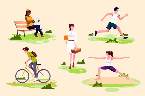 Open air activities illustration | Free Vector #Freepik #freevector Recreational Activities Drawing, Indoor Recreational Activities, Activities Illustration, Air Activities, Outdoor Recreational Activities, Cartoon Bike, Project Drawing, Person Silhouette, People Cartoon