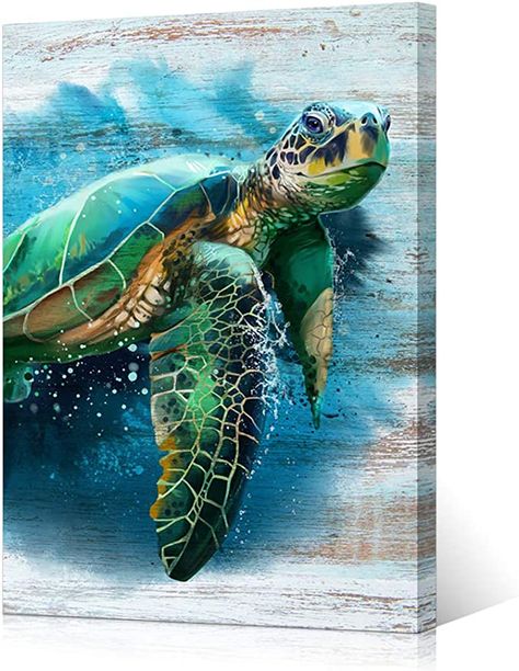 Amazon.com: HOMEOART Animal Sea Turtle Wall Picture Painting Photo Art Print on Canvas Stretched Framed Canvas Artwork Bathroom Living Room Wall Decor 24"x36": Posters & Prints Ocean Theme Bathroom, Turtle Wall Decor, Sea Turtle Watercolor, Turtle Watercolor, Turtle Painting, Beach Wall Decor, Tumbler Decal, Watercolor Canvas, Ocean Themes