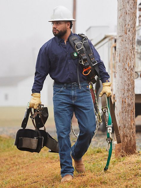 TACKLE YOUR DANGEROUS TO-DO LISTThe Wrangler® RIGGS WORKWEAR® flame-resistant (FR) relaxed-fit technician pant lets you do your job while staying safe. These jeans are crafted from a comfortable cotton blend with just the right amount of four-way flex technology to keep you moving on your own terms. They feature a gusseted crotch for more freedom of movement and greater productivity. Plus, they come fully equipped with our signature five-pocket styling and a secure zippered pocket on the right side as well as a bright safety label for increased visibility on the job site. Finish the look with a Wrangler FR work shirt.Certifications: ATPV 17 CAL/CM2. Meets NFPA 70e/NFPA 2112 Certification. CAT2. Mens Construction Work Fashion, Farmer Fashion, Construction Outfit, Farmer Outfit, Do Your Job, Wrangler Pants, Men Jeans Pants, Mens Workwear, Moving On