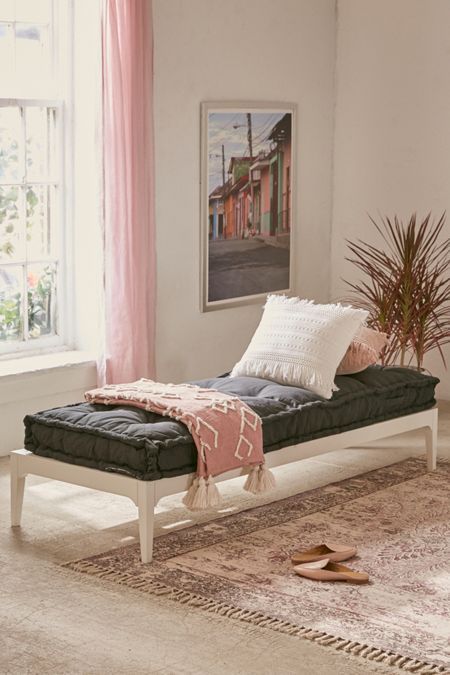 Daybed Cushions Floor Pillows + Fleece Throws | Urban Outfitters Floor Reading Nook, Futon Decor, Daybed Cushion, Comfy Reading, Daybed Design, Best Leather Sofa, Cute Dorm Rooms, Bed Cushions, Couch Set