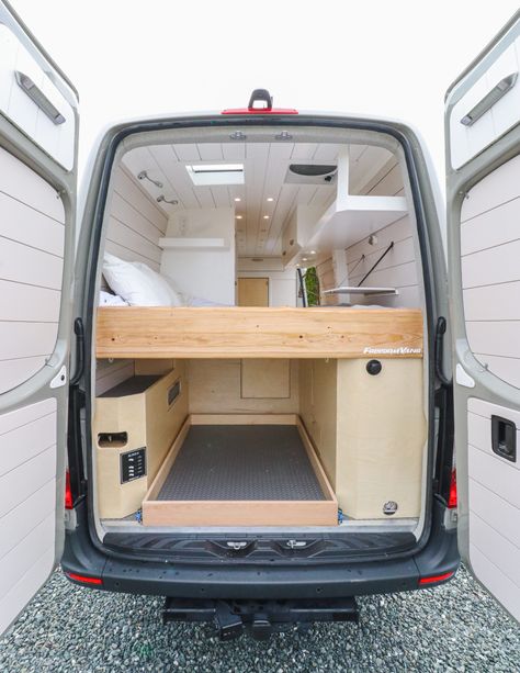 Sprinter Van Conversion 'Witch Van' Van Life Work Space, Van Build Storage, Van Plan Layout, Sprinter Van Conversion With Bathroom, Sprinter Van Layout Floor Plans, Large Van Conversion, Campervan Floor Plans, Van Life Floor Plans, Can Conversion Layout