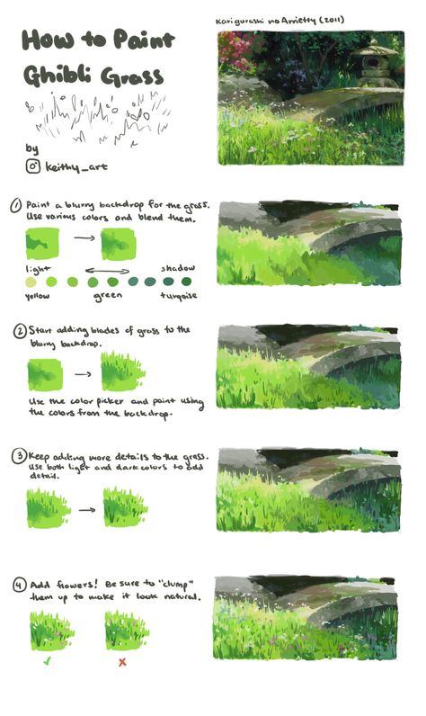 How To Draw Forest Background Digital, How To Draw Trees Digital Art, How To Paint Willow Trees, How To Draw Pathways, Studio Ghibli Art Style Tutorial, Grass Drawing Tutorials, How To Paint Moss, How To Paint Grass Acrylic Step By Step, How To Paint Leaves