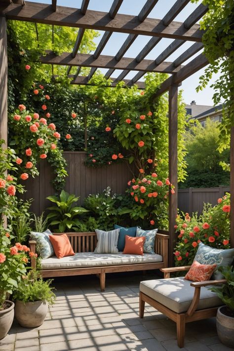 Wall Pergola Ideas, Pergola Ideas With Plants, Landscaping Around Pergola, Small Pergola Attached To House, Landscape Corner Of Yard, Half Pergola Ideas, Pergola Courtyard, Corner Garden Ideas Backyards, Garden With Pergola