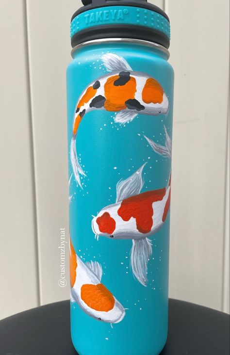 Some cute koi fish on a bottle i painted :) #koifishtattoo #koifish #japaneseart Painting On Water Bottles, Painting Water Bottle, Water Bottle Art, Fish Vase, Painting Fashion, Koi Fish Tattoo, Art Drawings Sketches Creative, Fish Painting, Bottle Painting