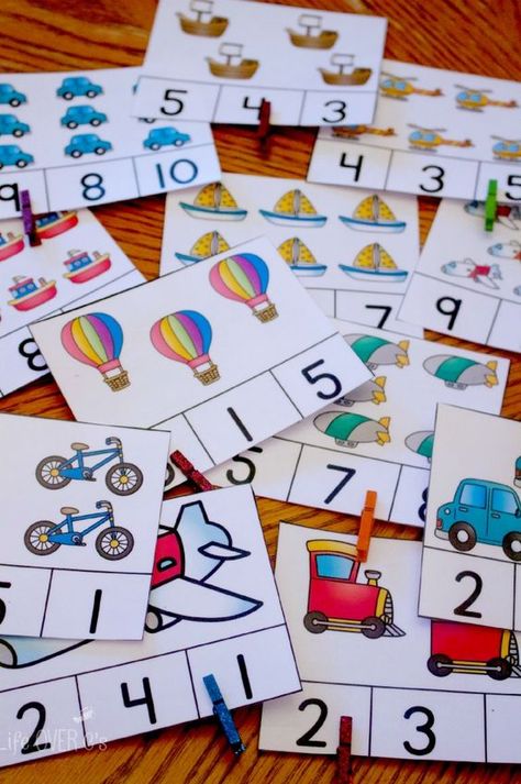 Over 25 sets of themed count and clip cards... great for preschool and kindergarten math centers! Transportation Preschool, Math Centers Kindergarten, Transportation Theme, Prek Math, Numbers Preschool, Busy Bags, Math Numbers, Preschool Printables, Clip Cards