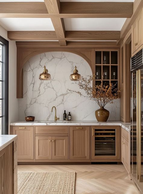 Oak Kitchen Cabinets With Gold Hardware, Painted Brown Cabinets Kitchen, Transitional Neutral Kitchen, Modern Clean Kitchen Design, Marble Kitchen Hood, Curved Backsplash Kitchen, 8 Ft Island Kitchen, Kitchen Sink On Island, Quiet Luxury Kitchen