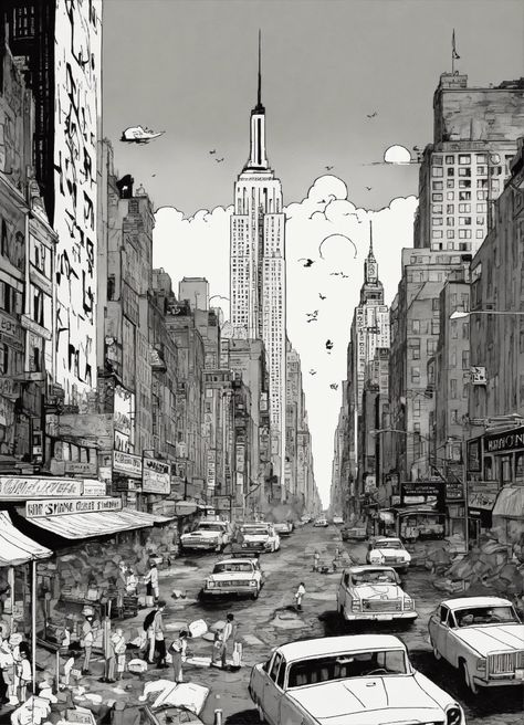 Chaotic stunning New York City, skyline, illustrated by hergé, style of tin tin comics, pen and ink. vintage 90's anime style, black and white. Brick Sketch, Window Structure, Pine Tree Silhouette, Cathedral Architecture, New York City Skyline, Tin Tin, Beauty Wallpaper, Orange Sky, City Illustration