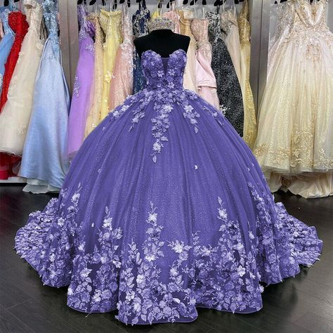 Quinceanera Dresses Strapless, Dark Purple Quinceanera Dresses, Lilac Quinceanera Dresses, Purple Quinceanera Dresses, Quince Themes, Pink Quince, Lace Prom Dresses, Quince Dress, Gown For Women