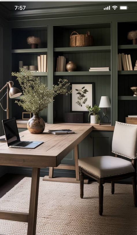 Built In Desk With Window, Home Office Bookcase Wall, Amber Lewis Office, Modern English Country Living Room, Moody Home Study, Modern Country Office, Office Den Combo, Modern Farmhouse Study, Galley Office