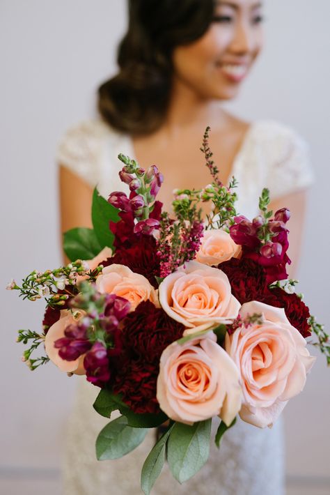 burgundy peach bouquet - photo by GreenAutumn Photography and Film http://ruffledblog.com/wedding-style-meets-the-big-easy Blush Bouquet Wedding, Burgundy And Blush Wedding, Peach Bouquet, Maroon Wedding, Peach Wedding, Burgundy Wedding, Bride Bouquets, Wedding Floral, Blush Wedding