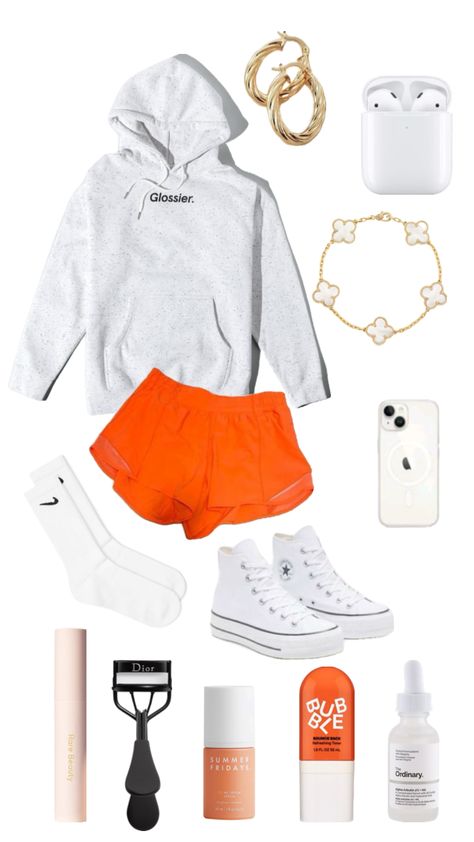 preppy glossier fit! 🤍🧡 #preppy #fitinspo Preppy Outfits 10-12, Outfit Inspo Summer Preppy, Preppy Outfits For School Layout, Preppy Fit Ideas, Preppy Sporty Outfits, Preppy Athletic Outfits, Preppy School Fits, Preppy Glossier, Cute Outfits Preppy