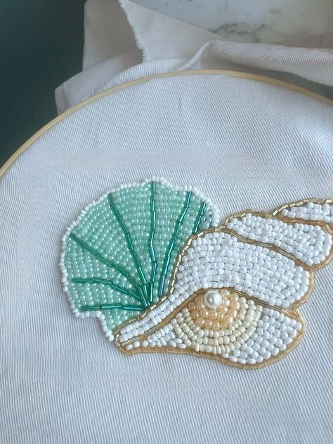 Bead embroidery, seashell bead embroidery, bead embroidered seashell