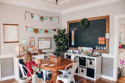 Unfinished Basement Homeschool Room, School Room Homeschool, Dining Room Playroom Combo, Homeschooling Room, Homeschool Room Ideas, Dining Room Playroom, Homeschool Room Decor, Homeschool Room Design, Homeschool Room Organization