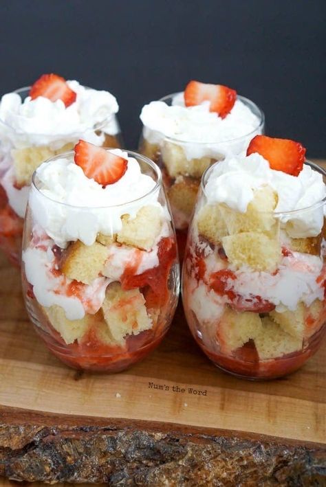 Easy Strawberry Sauce, Trifle Cups, Mini Trifles, Dessert Trifle, Shortcake Trifle, Strawberry Shortcake Trifle, Easy Strawberry Shortcake, Strawberry Trifle, Family Desserts