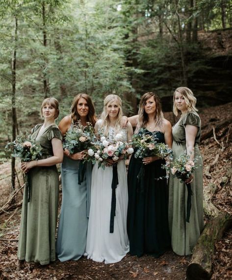 Different Colour Green Bridesmaid Dresses, Green Bridesmaid Dresses Mismatched With Groomsmen, Fairycore Bridesmaid Dresses, Cottagecore Bridesmaid Dress, Mixed Green Bridesmaid Dresses, Green Bridesmaid Dresses Mismatched, Mystery Wedding, Shrek Wedding, Fairycore Wedding