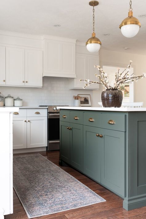 Green Island Cabinets, Olive Island Kitchen, Oyster Bay Kitchen Island, Beige Cabinets Green Island, Sw Riverway Cabinets, Island Kitchen Color Ideas, Sage Green Island Kitchen, Green Island White Cabinets, White Kitchen Green Island