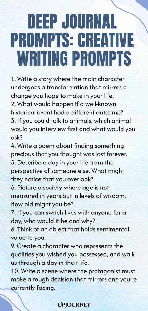 Discover a collection of deep journal prompts that will spark your creativity and inspire your writing. These creative writing prompts are perfect for diving into reflection and exploration. Whether you're looking to deepen your writing practice or simply express yourself, these prompts are sure to guide you in meaningful ways. Explore new depths in your creative journey with these inspiring journal prompts today! Creative Writing Practice, Creative Writing Journal Prompts, Writing Promt Ideas Journal Prompts, Journal Prompts For Creativity, Writing Poetry Prompts, What To Write In Your Journal, Journal Prompts Creative Writing, Adult Writing Prompts, Handwriting Prompts