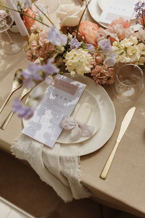 Cheesecloth Napkins, Wedding Color Trends, March Wedding, Jewel Tone Wedding, Lilac Wedding, Wedding Table Flowers, Neutral Wedding, Blue Colour Palette, Peach Wedding