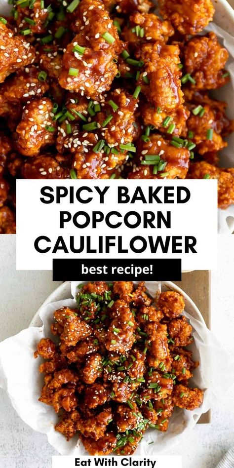 This spicy baked korean popcorn cauliflower is light, crispy and healthy. This vegan baked cauliflower recipe is perfect as a simple gluten free appetizer, snack or even main dish. It's spicy, easy to make and tastes like cauliflower wings! Cauliflower Bites Recipes, Vegan Baked Cauliflower, Popcorn Cauliflower, Gluten Free Appetizer, Appetizer For A Crowd, Baked Cauliflower Recipe, Vegan Popcorn, Spicy Cauliflower, Cauliflower Dishes