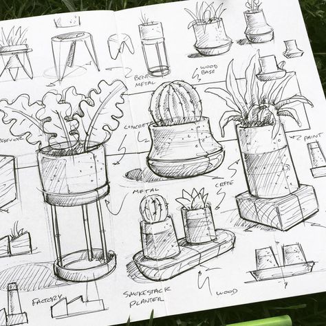 sketched a few planters for earth day . . . . . #doodles #sketch #sketches #design #drawing #draw #sketchbook #ballpoint #monami #moleskine #industrialdesign #plants #planter #succulents #cactus #palm #concrete #wood Succulents Drawing, Interior Design Sketchbook, Plant Sketches, Desk Corner, Industrial Windows, Furniture Design Sketches, Interior Design Drawings, Texture Drawing, Industrial Desk