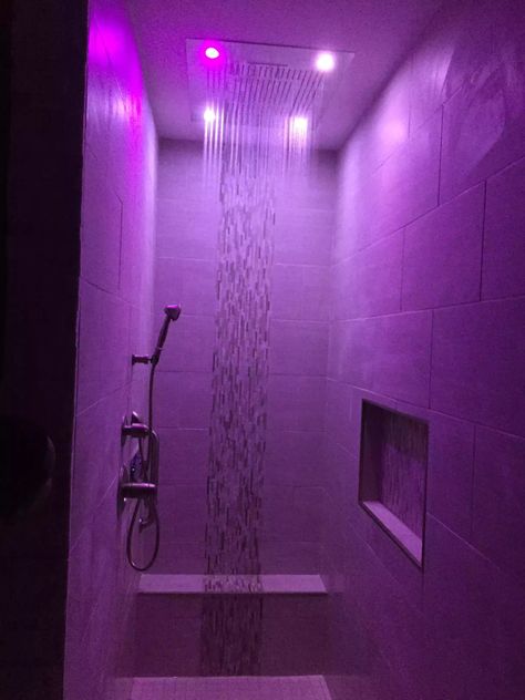 LED Shower head lights in Purple Light Up Shower Head, Purple Led Bathroom, Shower With Led Lights, Cool Shower Heads, Purple Shower Aesthetic, Led Shower Lighting, Shower Head Aesthetic, Purple Shower, Purple Aesthetic Bathroom