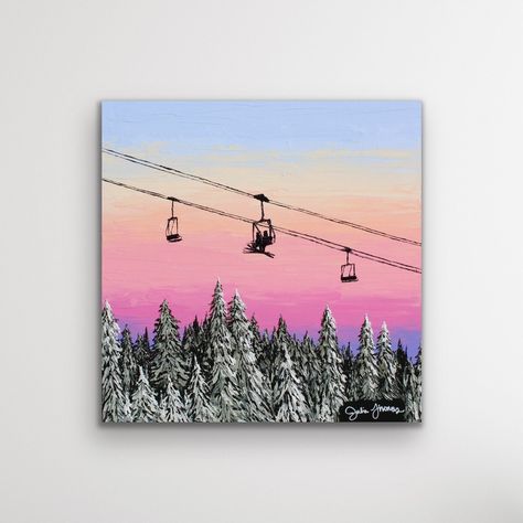 "A colorful winter scene featuring a vibrant sunset, a silhouetted ski lift, and snow-capped trees. This piece has all of the cozy feelings of winter, with a fun added element of color in the sunset.  - Measures 24\"h x 24\"w x 1.5\"d - Shipping within the U.S. is $70 - Made with acrylic paints and mediums in my signature textured palette knife style - On stretched canvas - Painting wraps to the edges of the canvas - Wired and ready to hang - Coated with gloss varnish for protection - Unframed" Mountain Painting Simple, Ski Painting, Mountain Painting Acrylic, Canvas Art Painting Abstract, Mountain Winter, Ski Art, Simple Canvas Paintings, Easy Canvas Art, Paint Acrylic