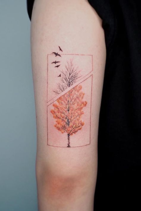 20 Fall-Inspired Tattoo Ideas Free Fall Tattoo, Maple Tree Tattoos, Fall Leaves Tattoo, Acorn Tattoo, Fall Tattoo, Winter Tattoo, Autumn Tattoo, Theme Tattoo, Most Popular Tattoos