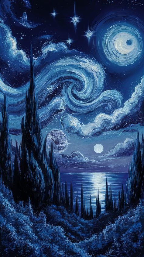 Transform your space with our stunning starry night wallpaper! Immerse yourself in a mesmerizing scene of deep indigo skies, shimmering stars, and swirling clouds. Experience the beauty of ancient cypress silhouettes against a radiant moonlit landscape. Perfect for home decor, bedroom aesthetics, or as digital art. Celebrate the allure of the universe with this enchanting masterpiece! #StarryNight #WallArt #HomeDecor Space Wallpaper Drawing, Night Sky Bedroom Aesthetic, Blue Artistic Wallpaper, A Starry Night Wallpaper, Night Sky Art Wallpaper, Starry Winter Night, Sky Bedroom Aesthetic, Pretty Space Pictures, Midnight Room Aesthetic