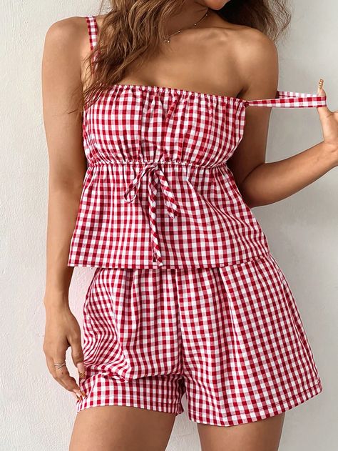 Women's Spring/Summer Casual Plaid Ruffled Cami Top And Wide Leg Shorts Suit Set Red and White Casual    Gingham,Plaid  Non-Stretch  Women Clothing, size features are:Bust: ,Length: ,Sleeve Length: Casual Clothes, Gingham Set, Gingham Outfit, Gingham Fashion, Wide Leg Shorts, Gingham Top, Gingham Shorts, Gingham Tops, Short Suit