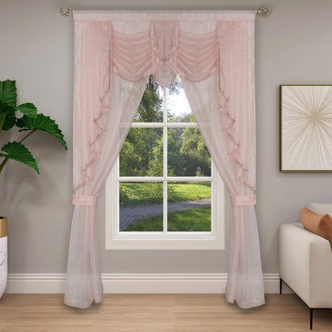 Buy Regal Home 5-PC 84" Long Sheer Cascade Curtain Panels, Valance & Tiebacks, Rose at Walmart.com Princess Curtains, Victorian Curtains, Luxury Curtains, Stylish Curtains, Princess Room, Beaded Curtains, Rod Pocket Curtain Panels, Rod Pocket Curtains, Colorful Curtains