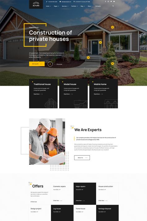 The "Actura Construction WordPress Theme" is a comprehensive and specialized solution tailored for construction companies, contractors, architectural firms, and related businesses. With its modern design and extensive features, this theme offers a powerful platform for showcasing construction projects, architectural designs, and connecting with potential clients seeking construction and architectural services. Website Design Construction Company, Roofing Company Website Design, Home Remodeling Website Design, Builders Website Design, Building Website Design, Contractor Website Design, Construction Website Design Inspiration, Home Website Design, Architecture Website Design