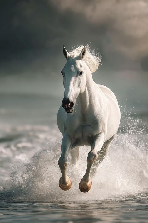 Capture this moment of pure beauty and grace as a majestic white horse runs through shimmering shallow waters. Let the sun kiss its coat and the wind play in its mane. Save & follow for more awe-inspiring scenes. 💫✨ #NatureBeauty #MajesticHorse #SpiritFree #WaterDance #SaveAndFollow #AiImage White Horse In Snow, White Horse Wallpaper, Horse In Water, Horse In Motion, Beautiful White Horse, Horse Background, Horses In Snow, Horse White, Horse Water