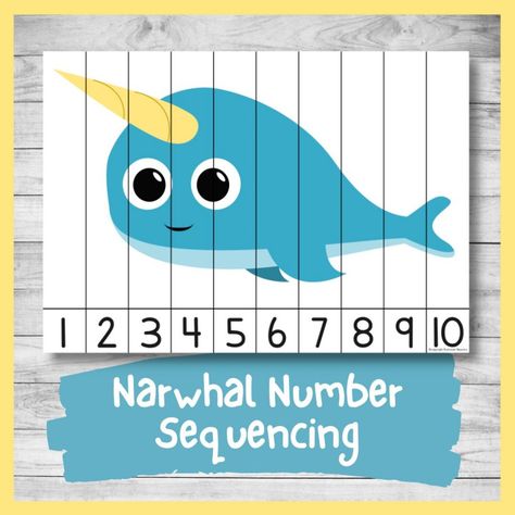 Narwhal Number ordering and number recognition puzzle (cute narwhal printable) Number Ordering, Narwhal Art, Arctic Animals Crafts, Puzzle Printable, Letter Worksheets For Preschool, Cute Narwhal, Animal Printables, Cute Whale, Polar Animals