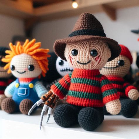 Freddy Krueger AmigurumiCreate a spooky Freddy Krueger amigurumi with this crochet pattern! Perfect for horror fans and Halloween Freddy Krueger Amigurumi Free Pattern, Free Pennywise Crochet Pattern, Gremlin Crochet Pattern Free, Horror Movie Crochet Patterns Free, Beetlejuice Crochet Pattern Free, Freddy Krueger Crochet, Crochet Freddy Krueger, Crochet Horror, Freddy Krueger