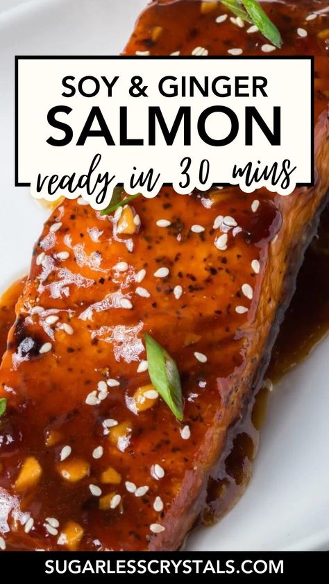 Are you looking for a quick, flavorful, and nutritious meal that everyone in the family will love? Look no further! This Soy Ginger Salmon recipe will have your taste buds dancing in less than 30 minutes! The mouthwatering soy and ginger glaze on tenderly pan-fried salmon make this a perfect lunch or dinner dish that the whole family will enjoy. Don't miss out on this seafood sensation! Salmon With Ginger And Garlic, Salmon Ginger Soy Honey, Salmon Chinese Recipe, Thai Salmon Recipes, Ginger Salmon Recipes, Pan Fried Salmon Recipes, Salmon With Soy Sauce, Soy Ginger Salmon, Chakra Foods