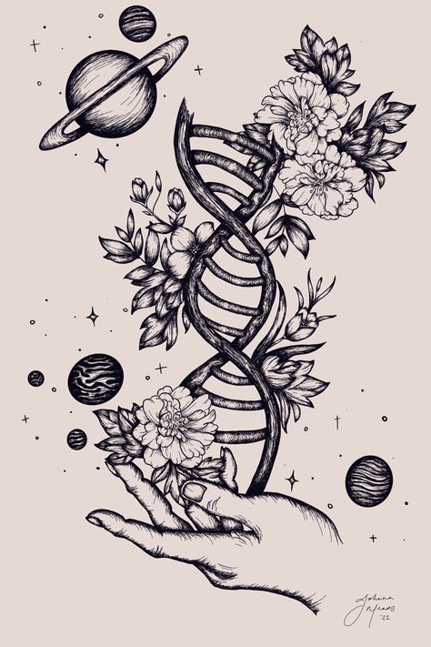 Science Art Drawings, Biology Tattoo, Physics Tattoos, Dna Science, Dna Drawing, Teacher Tattoos, Biology Drawing, Astronomy Tattoo, Science Drawing