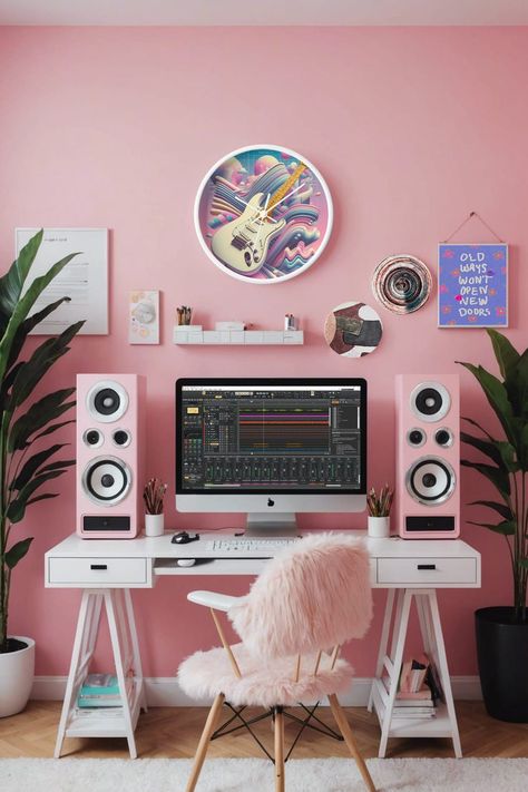 Home bedroom refresh idea with music studio setup in pink! Get the Y2K maximalist guitar wall clock through my Zazzle link. Home Recording Studio Aesthetic, Music Studio Setup, Y2k Vaporwave, Recording Studio Aesthetic, Home Music Studio Ideas, Music Studio Aesthetic, Electric Guitar Music, Studio Aesthetic, Pink Music