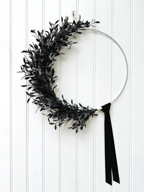 Modern Black Halloween Decor, Gothic Halloween Wreath, Black Wreath for Halloween, Halloween Wreath for Front Door, Halloween Hoop Wreath by RebeccaLowStudio on Etsy Minimalist Halloween Wreath, Black Floral Wreath, Simple Halloween Wreath, Snake Wreath, Bone Wreath, Black Halloween Decor, Gothic Wreath, Black Halloween Wreath, Front Door Halloween