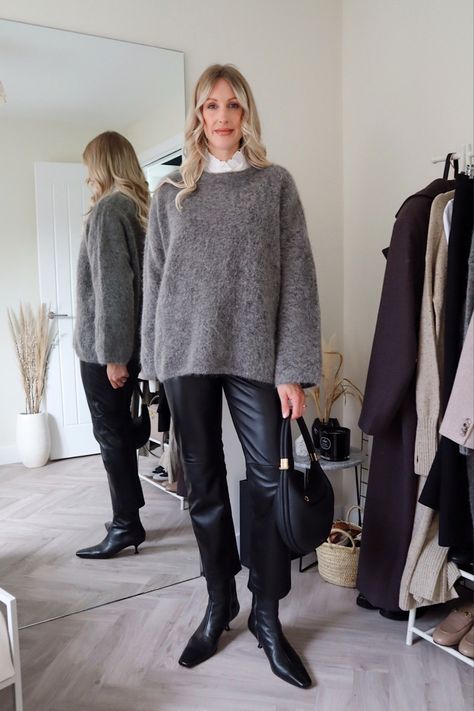 Shirt Jumper Outfit Women, Gray Sweater Work Outfit, Gray Jumper Outfit, Grey Jumper Outfit Women, Shirt Jumper Outfit, Jumper Outfit Women, Grey Jumper Outfit, Trousers Outfit Casual, Leather Trousers Outfit