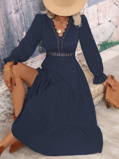 Navy Blue Elegant Collar Long Sleeve Fabric Plain A Line Embellished Non-Stretch  Women Clothing Country Boho Dresses, Country Western Dresses Black, Haute Couture, Western Style Dresses For Wedding Mother Of The Bride, Black Western Dress Long, Black Boho Dress Short, Country Western Dresses With Boots, Western Casual Dresses, Country Wedding Guest Dresses