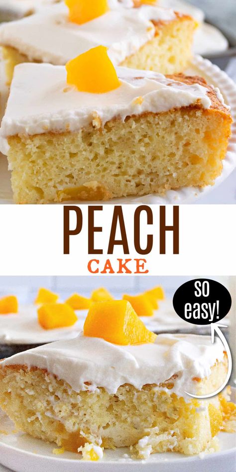 Easy Peach Cake Recipe, Peaches And Cream Poke Cake, Peach Cake Using Box Cake, Peach Cake Recipe Easy, Peach Sheet Cake, Cake With Canned Peaches, Peaches And Cream Cake, Peach Cake Recipe, Gooey Desserts