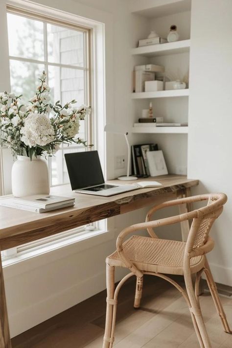 Minimalist Home Office: Stylish Productivity Desk At Home Office, Simple At Home Office, Work Table Aesthetic Minimalist, Office Modern Organic, Simple Modern Office Design, Home Office Styling Ideas, Simple Office Space, Light Wood Office Design, Condo Office Ideas