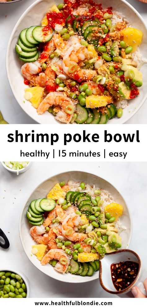 Poke Bowl Ideas Shrimp, Asian Poke Bowl, Dressing For Poke Bowl, Macro Friendly Shrimp Bowl, Brown Rice Poke Bowl, Shrimp And Coleslaw Recipes, Poke Bowl Homemade, Shrimp And Crab Poke Bowl, Healthy Shrimp Bowl Recipes